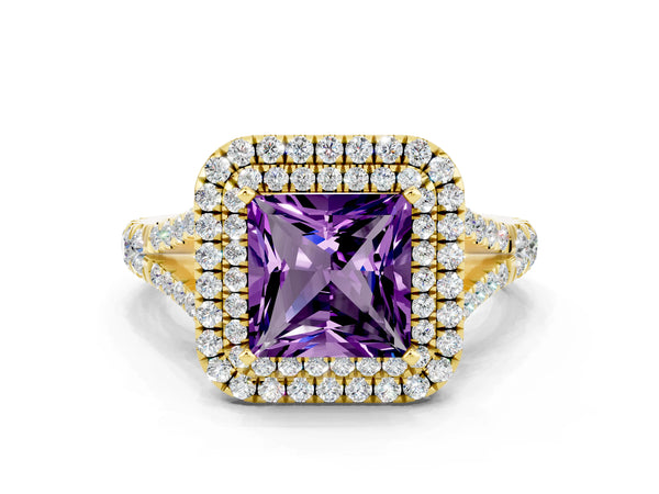 Yellow gold Princess Cut Amethyst Double Halo Ring with Split Shank and Prong Setting