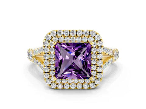 Yellow gold Princess Cut Amethyst Double Halo Ring with Split Shank and Prong Setting_12