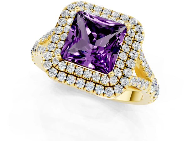 Yellow gold Princess Cut Amethyst Double Halo Ring with Split Shank and Prong Setting