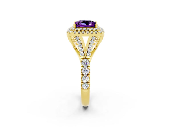 Yellow gold Princess Cut Amethyst Double Halo Ring with Split Shank and Prong Setting