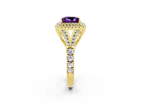 Yellow gold Princess Cut Amethyst Double Halo Ring with Split Shank and Prong Setting_14