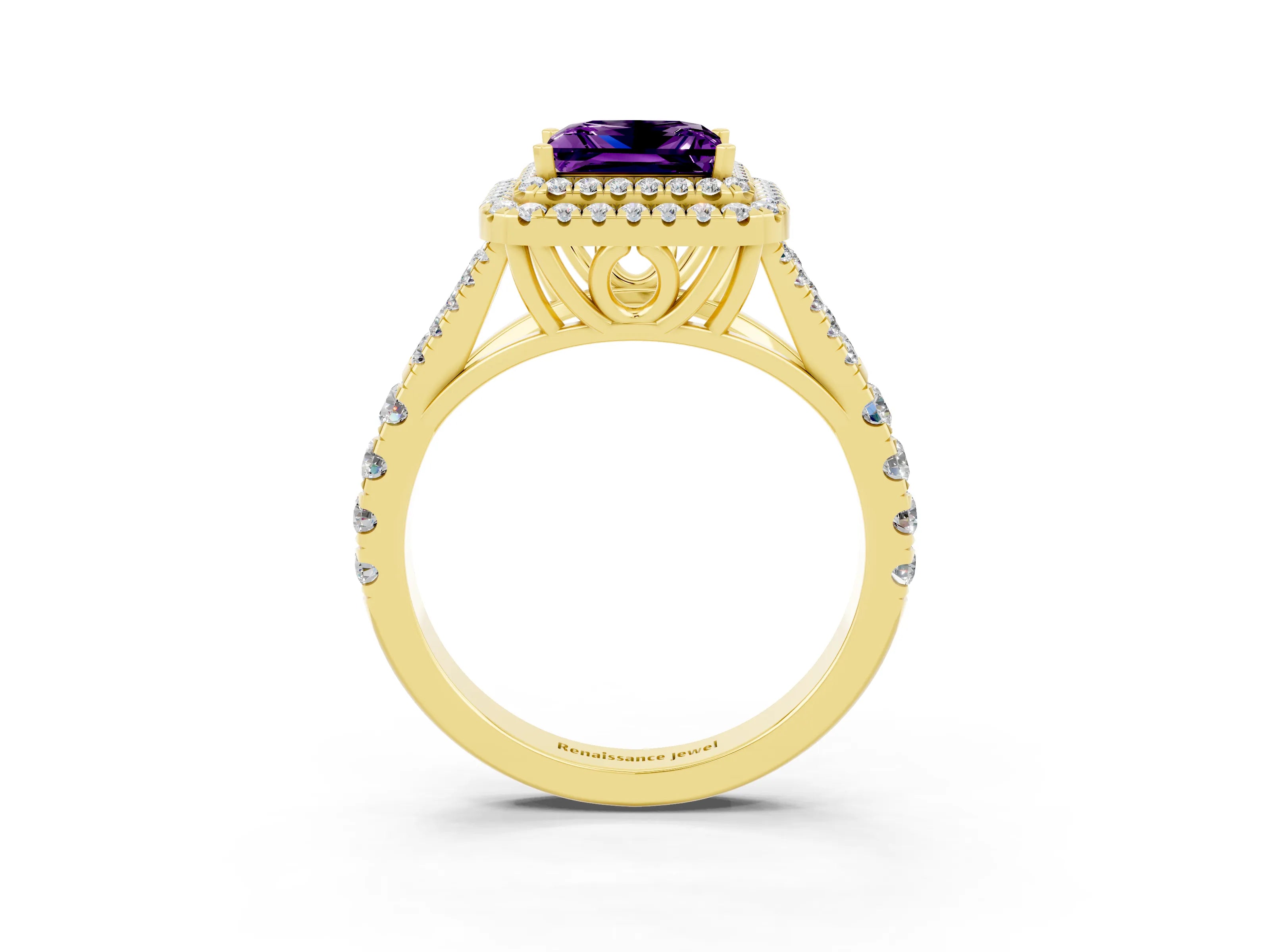 Yellow gold Princess Cut Amethyst Double Halo Ring with Split Shank and Prong Setting_15