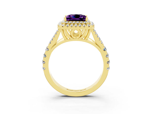 Yellow gold Princess Cut Amethyst Double Halo Ring with Split Shank and Prong Setting