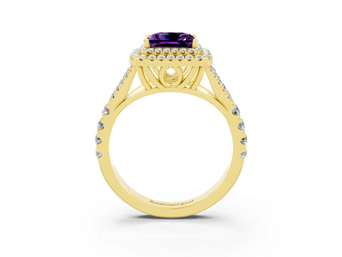 Yellow gold Princess Cut Amethyst Double Halo Ring with Split Shank and Prong Setting_15
