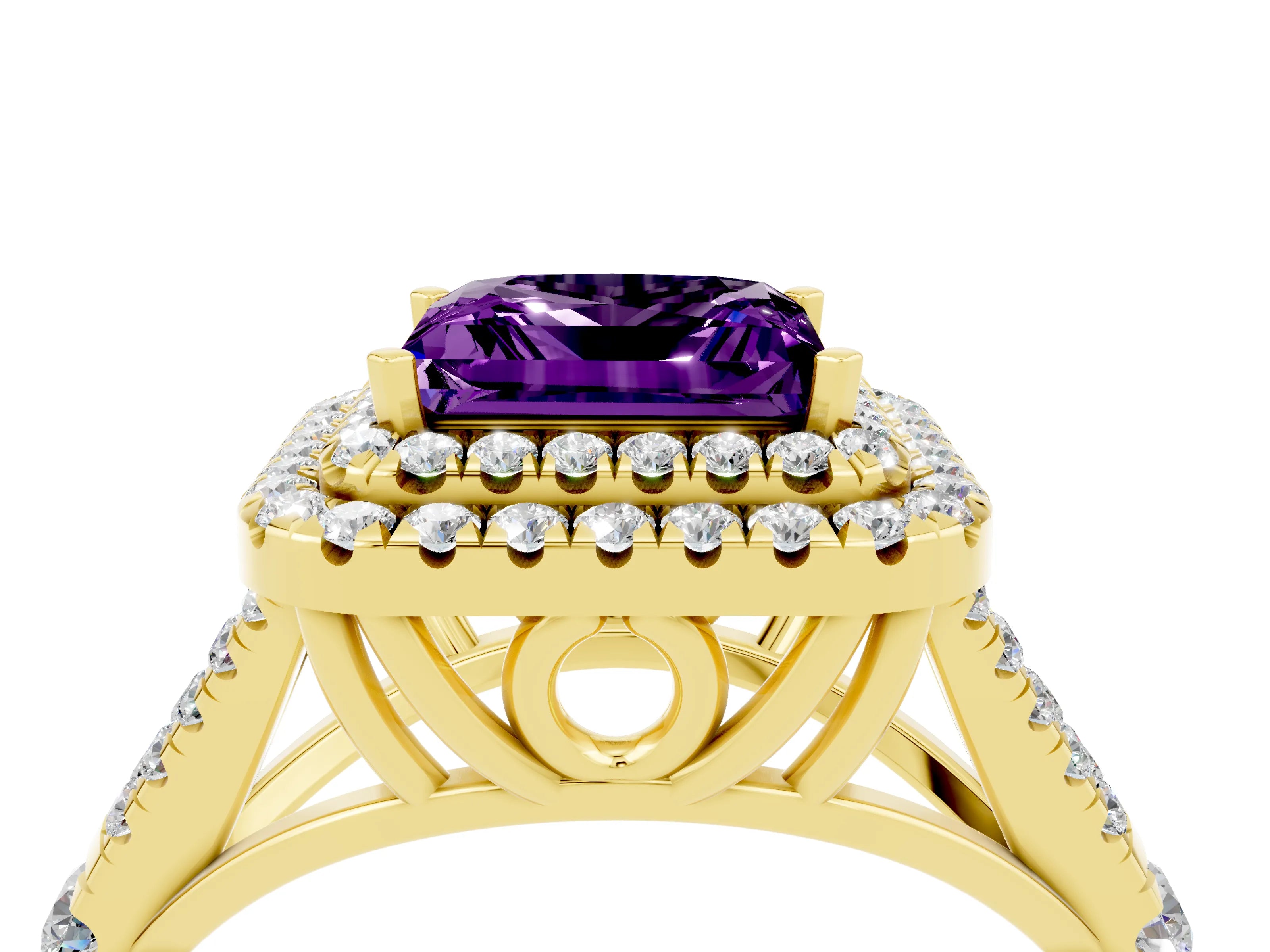 Yellow gold Princess Cut Amethyst Double Halo Ring with Split Shank and Prong Setting_16