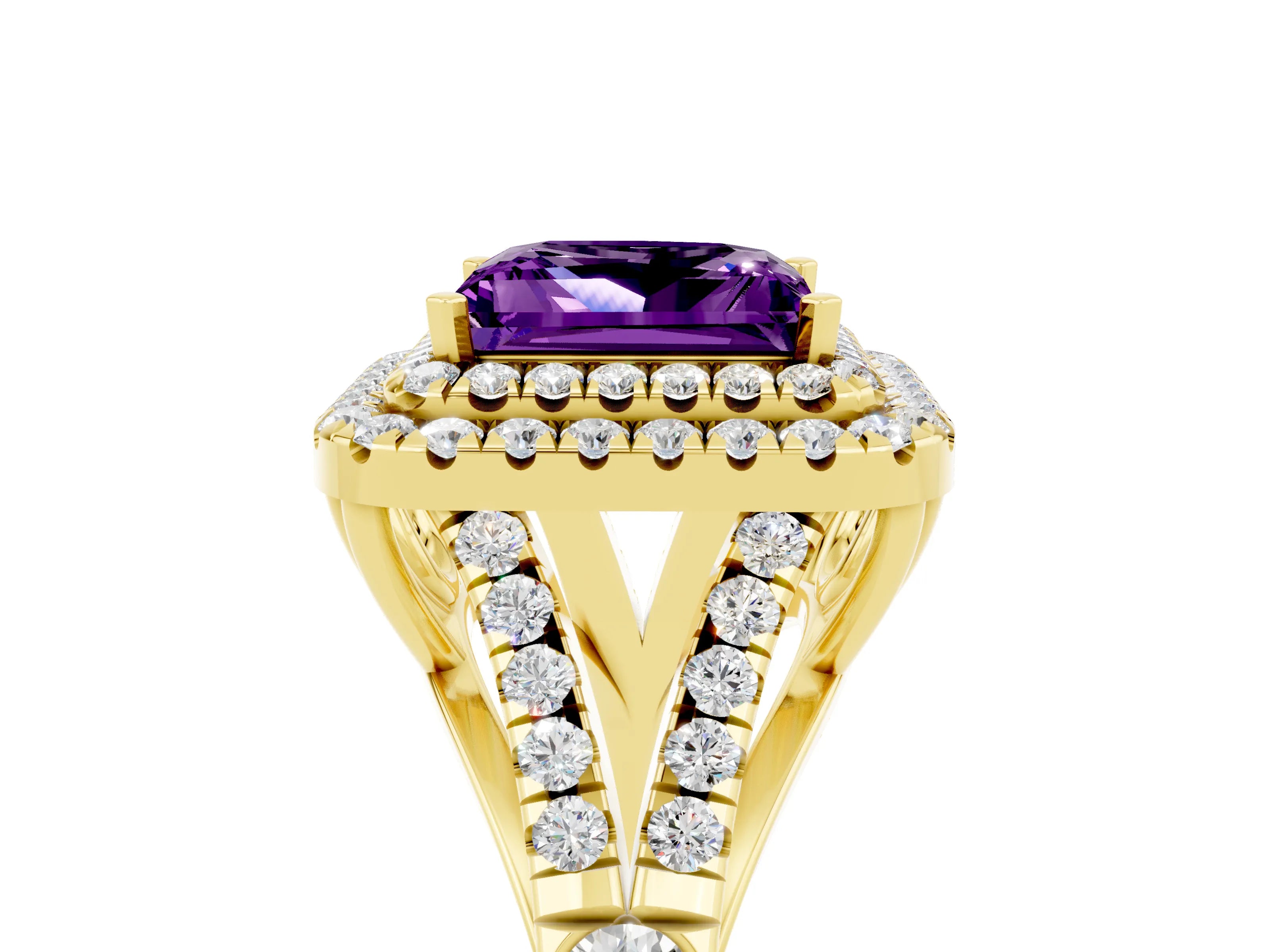Yellow gold Princess Cut Amethyst Double Halo Ring with Split Shank and Prong Setting_17