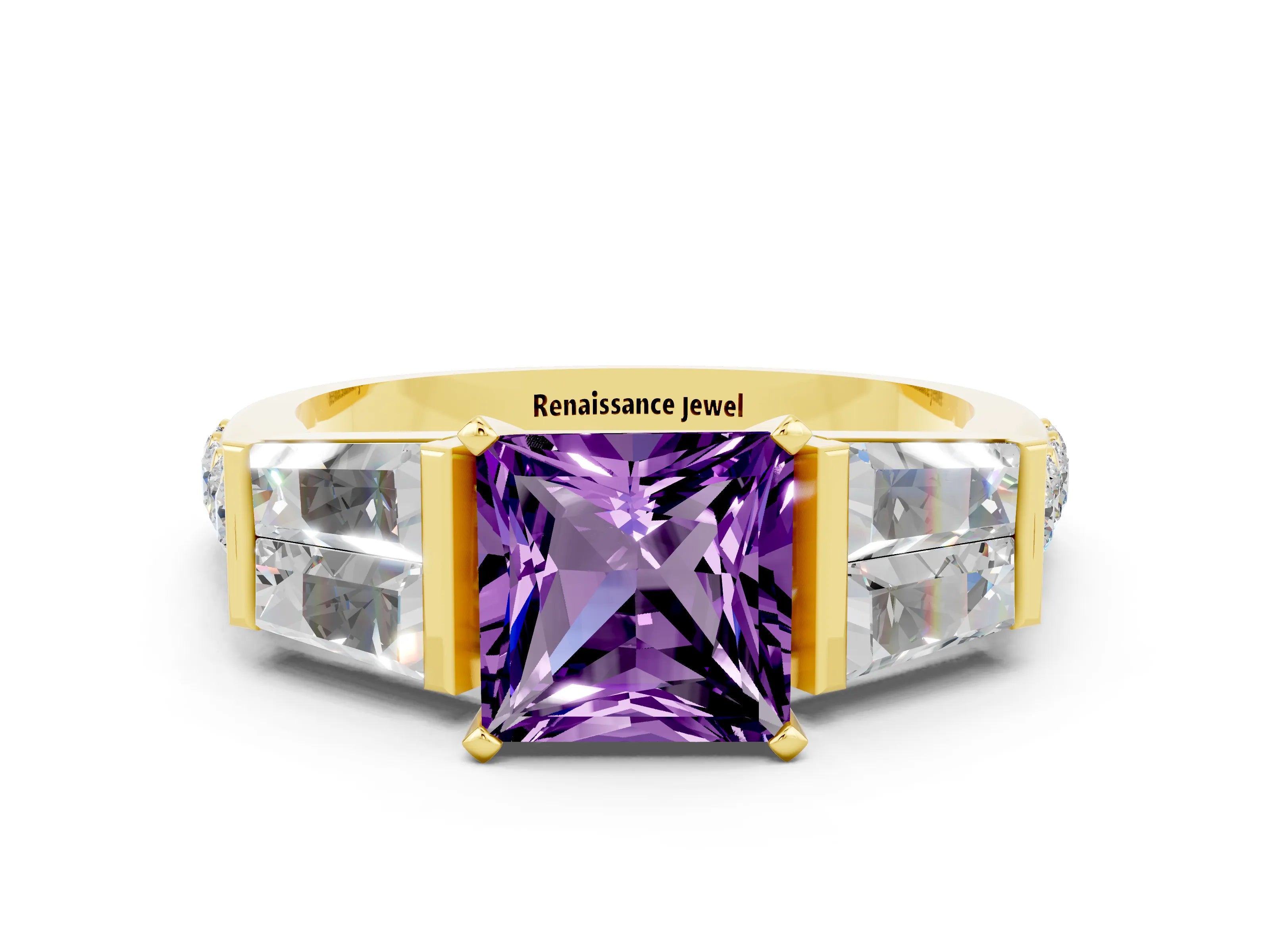 Yellow gold Princess Cut Amethyst Engagement Ring with Baguette Side Stones and Channel Set Band