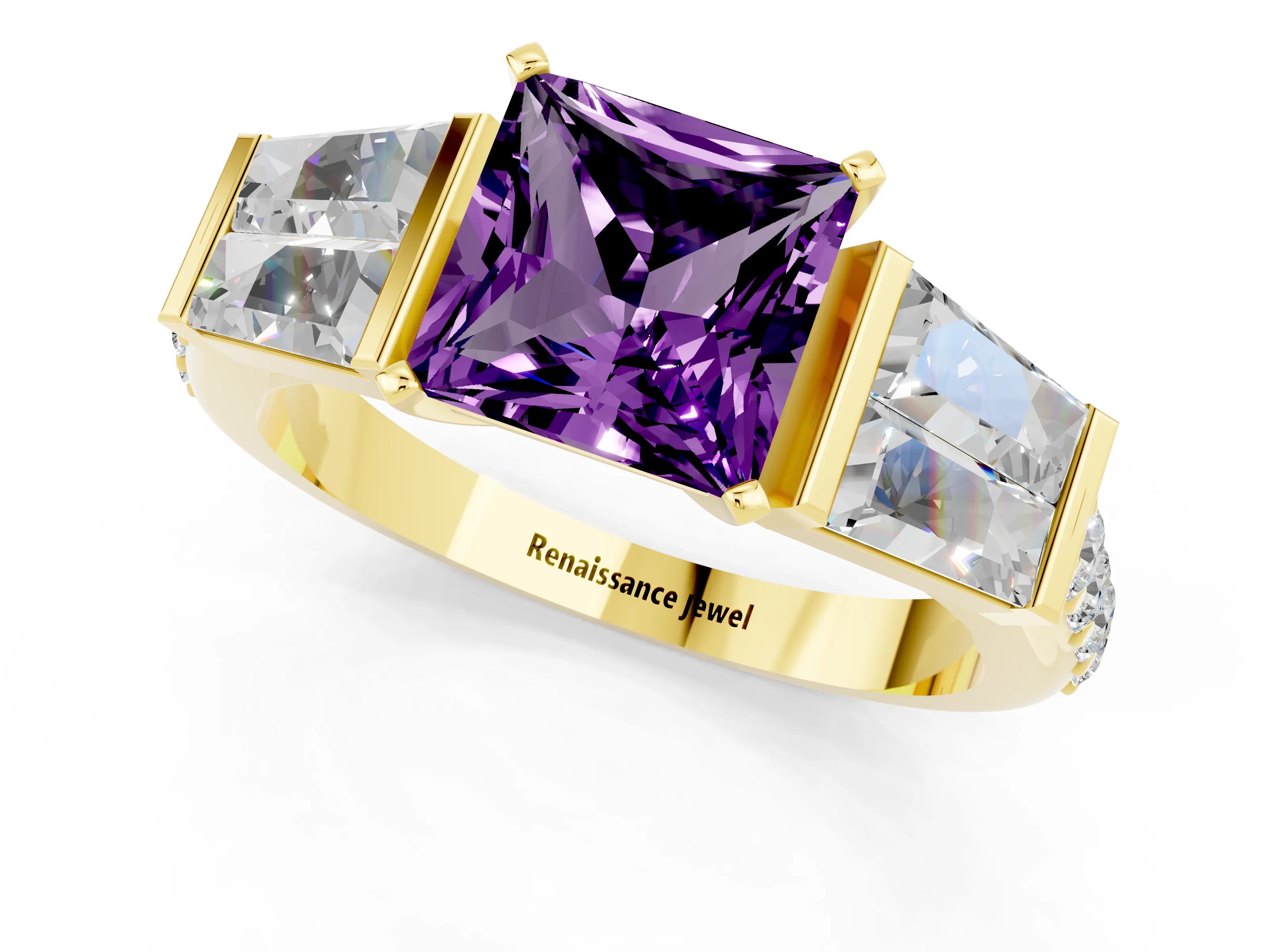 Yellow gold Princess Cut Amethyst Engagement Ring with Baguette Side Stones and Channel Set Band_1