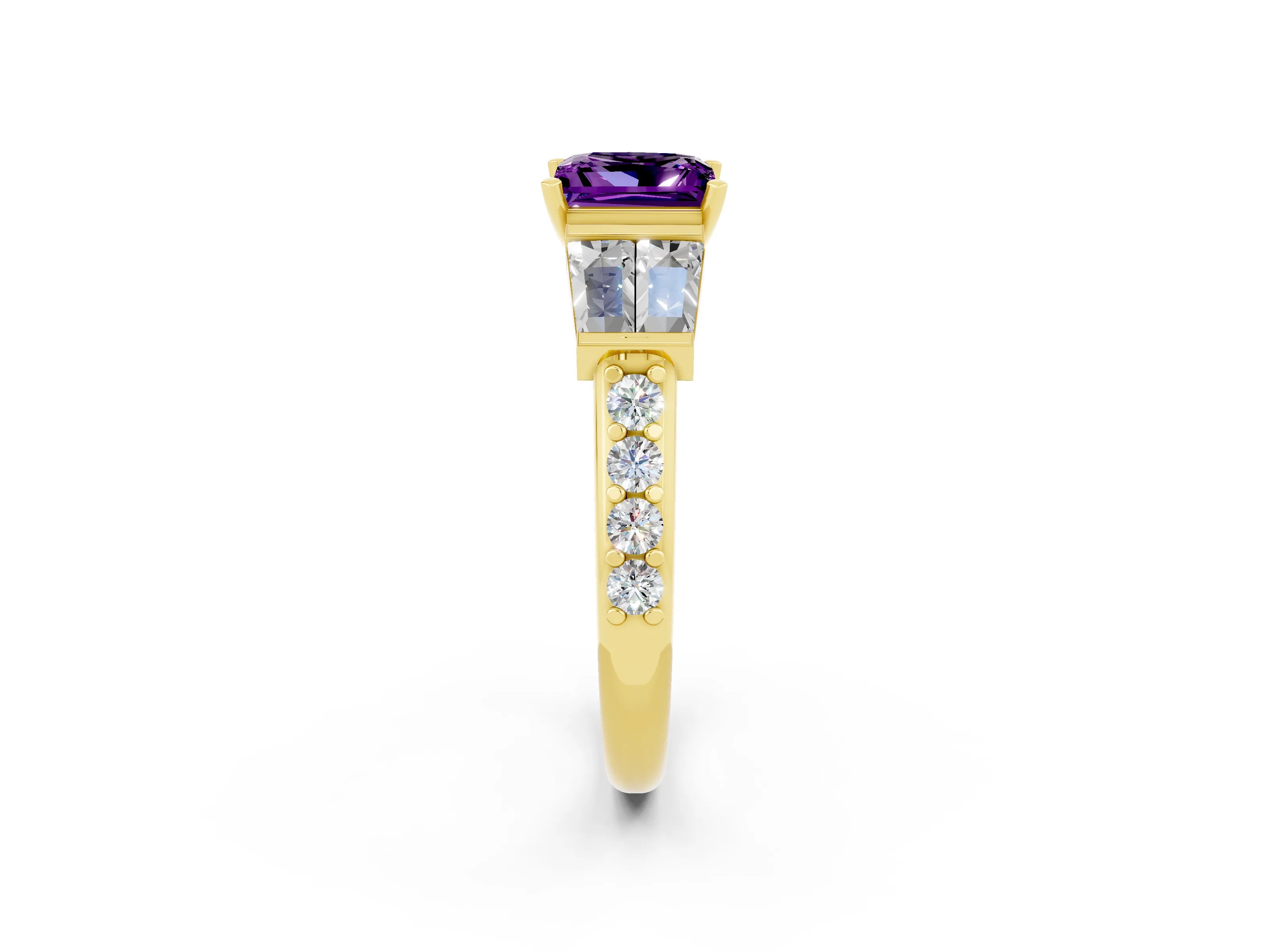Yellow gold Princess Cut Amethyst Engagement Ring with Baguette Side Stones and Channel Set Band_2