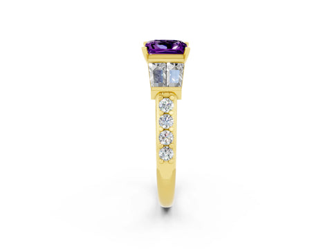 Yellow gold Princess Cut Amethyst Engagement Ring with Baguette Side Stones and Channel Set Band_2