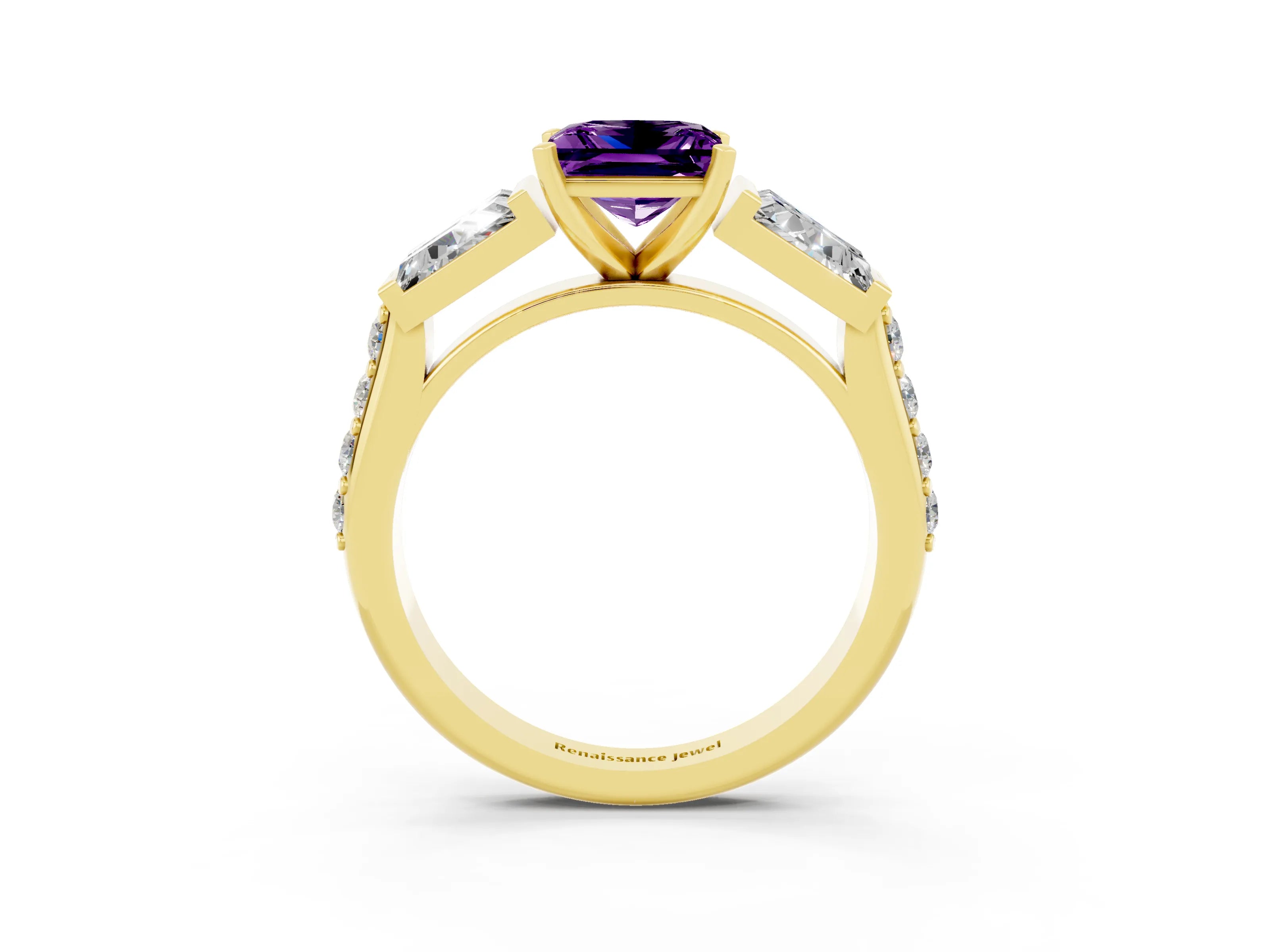 Yellow gold Princess Cut Amethyst Engagement Ring with Baguette Side Stones and Channel Set Band_3