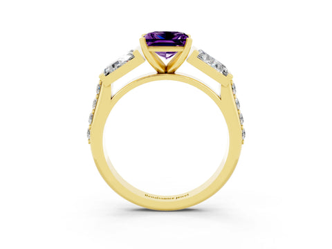 Yellow gold Princess Cut Amethyst Engagement Ring with Baguette Side Stones and Channel Set Band_3