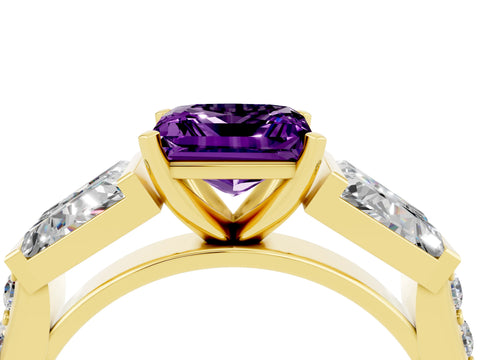 Yellow gold Princess Cut Amethyst Engagement Ring with Baguette Side Stones and Channel Set Band_4