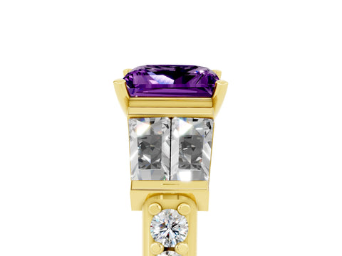 Yellow gold Princess Cut Amethyst Engagement Ring with Baguette Side Stones and Channel Set Band_5