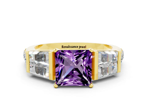 Yellow gold Princess Cut Amethyst Engagement Ring with Baguette Side Stones and Channel Set Band