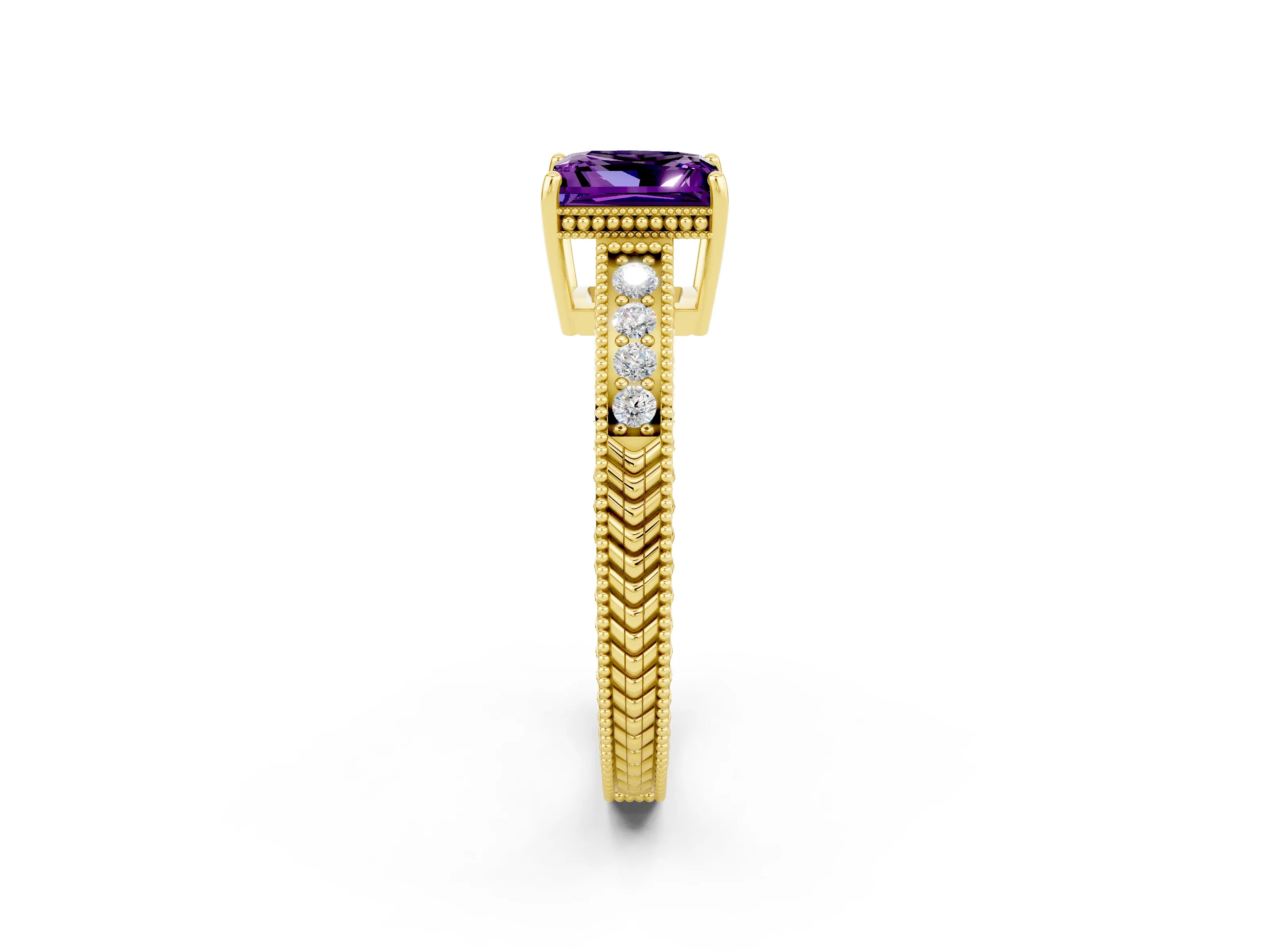 Yellow gold Princess Cut Amethyst Engagement Ring with Milgrain Channel Set Band and Prong Setting_2