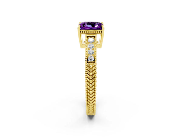 Yellow gold Princess Cut Amethyst Engagement Ring with Milgrain Channel Set Band and Prong Setting
