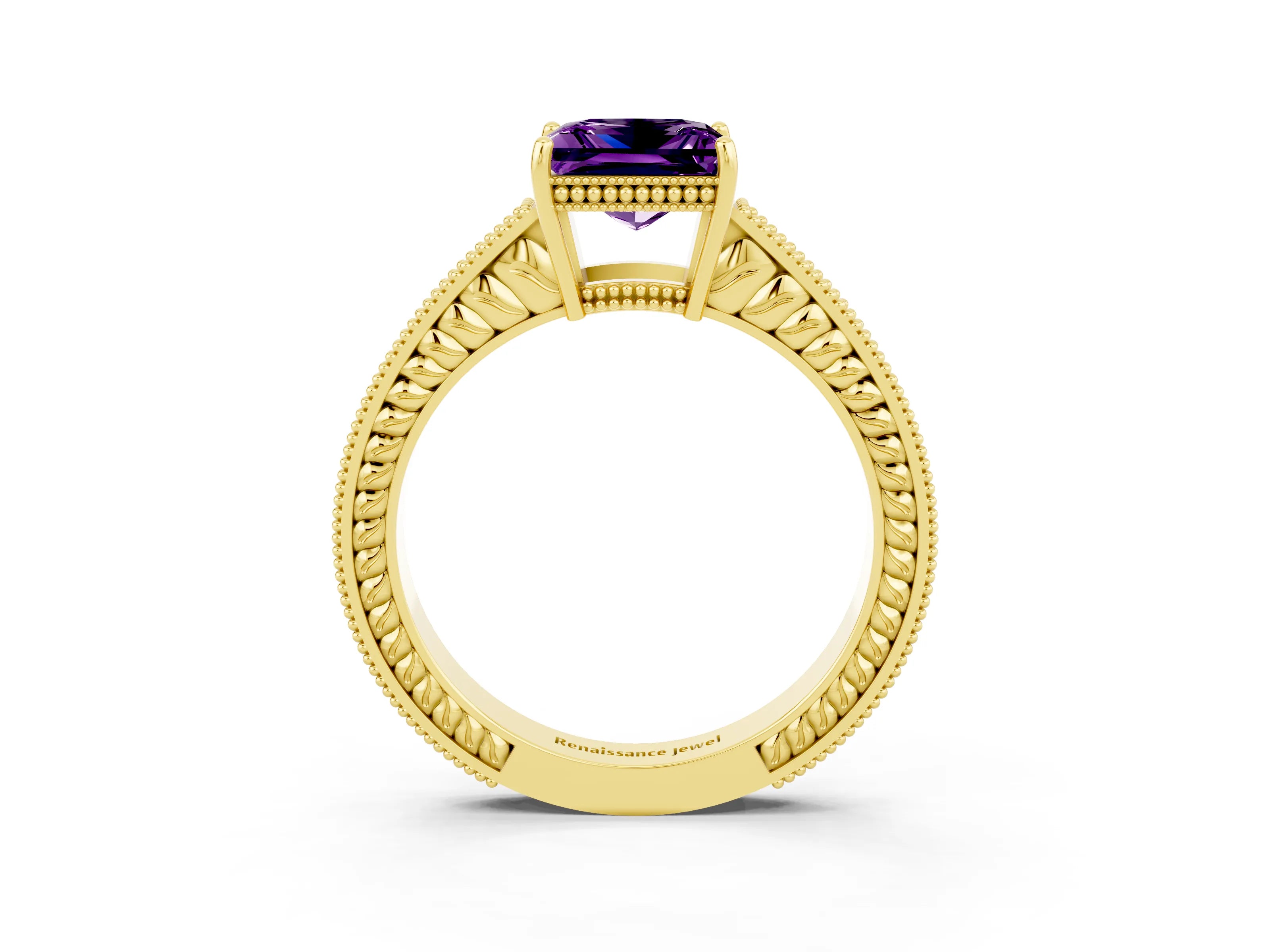 Yellow gold Princess Cut Amethyst Engagement Ring with Milgrain Channel Set Band and Prong Setting_3