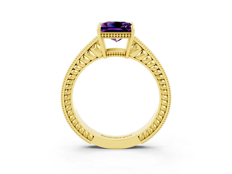 Yellow gold Princess Cut Amethyst Engagement Ring with Milgrain Channel Set Band and Prong Setting_3