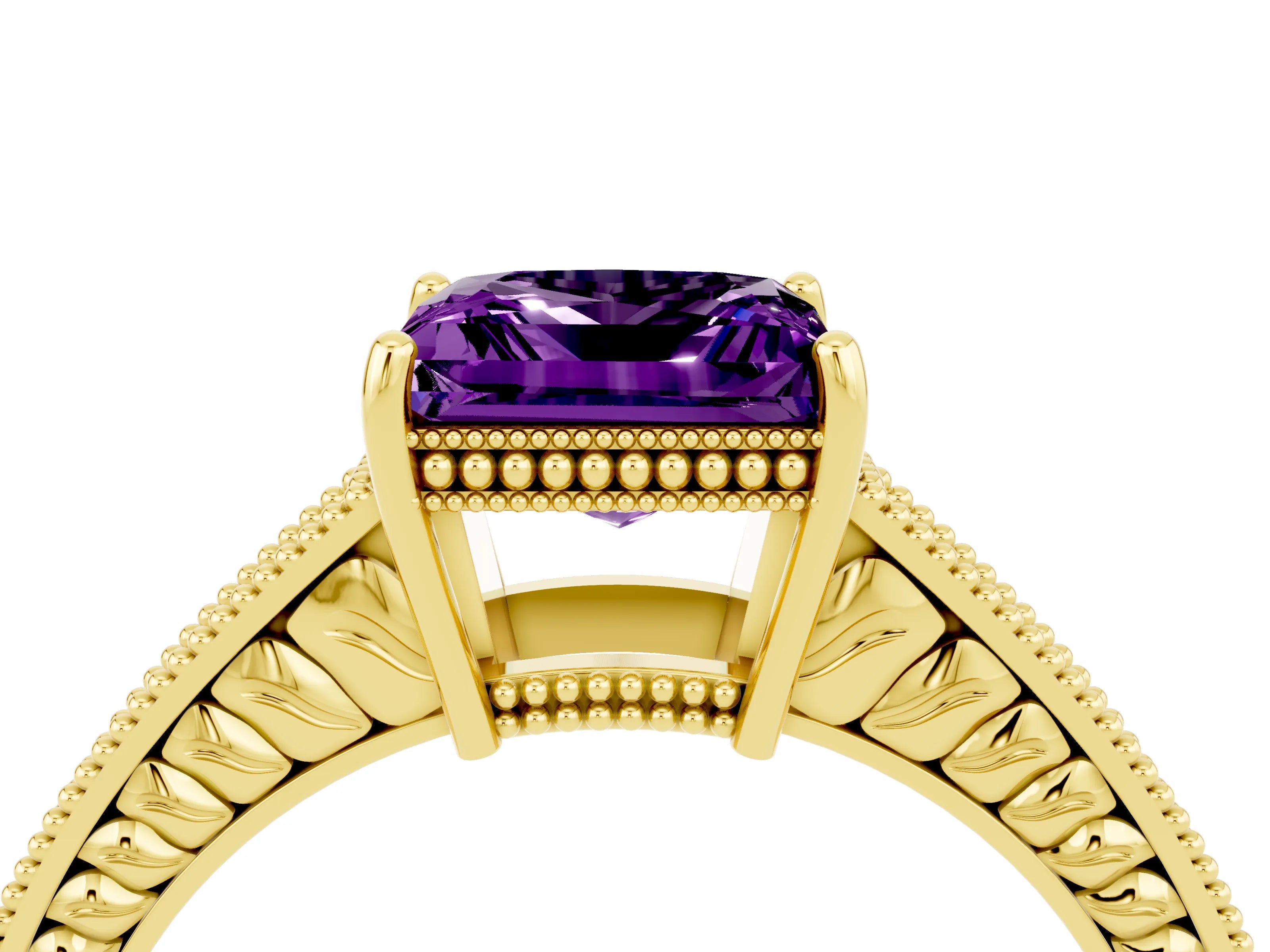 Yellow gold Princess Cut Amethyst Engagement Ring with Milgrain Channel Set Band and Prong Setting_4