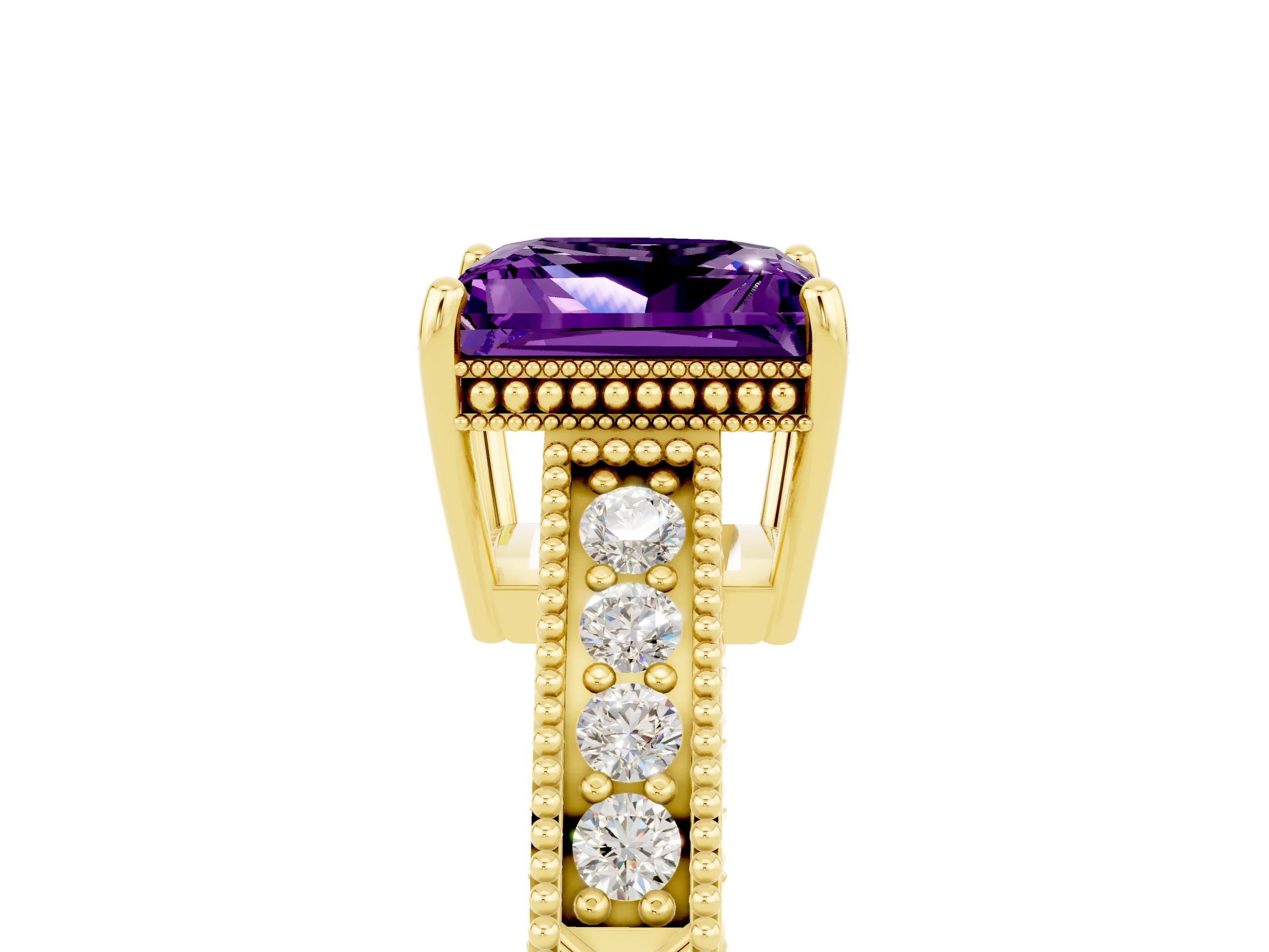Yellow gold Princess Cut Amethyst Engagement Ring with Milgrain Channel Set Band and Prong Setting_5
