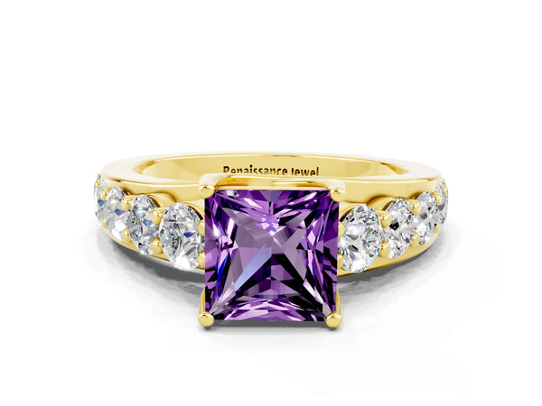 Yellow gold Princess Cut Amethyst Engagement Ring with Pavé Band and Four-Prong Setting