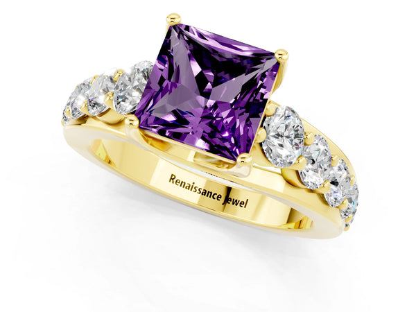 Yellow gold Princess Cut Amethyst Engagement Ring with Pavé Band and Four-Prong Setting