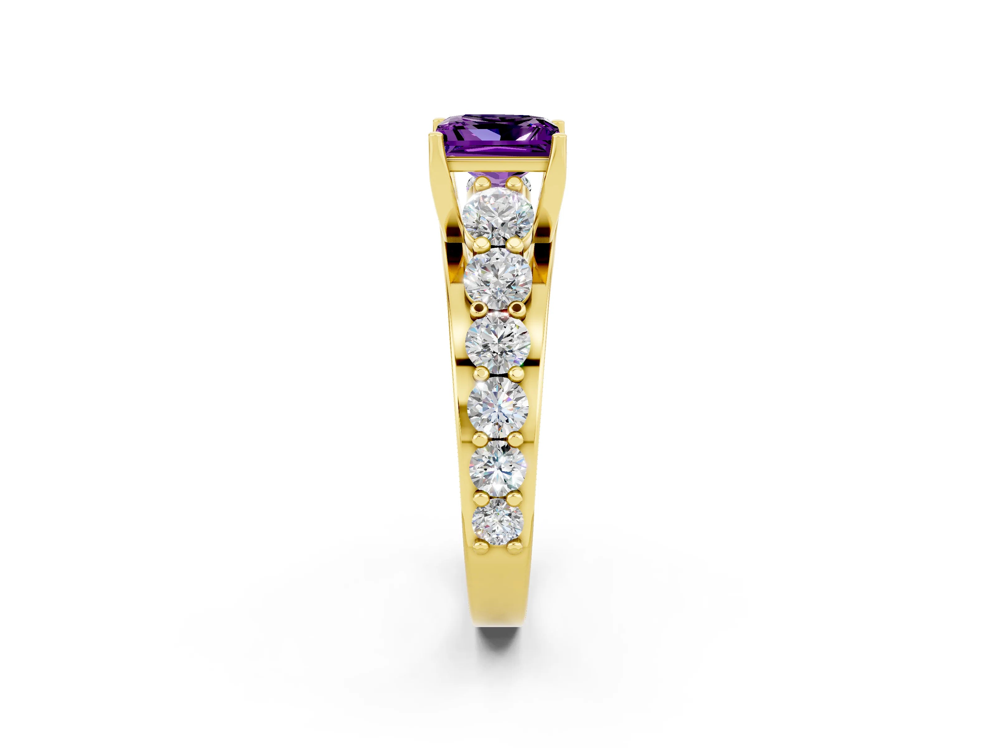 Yellow gold Princess Cut Amethyst Engagement Ring with Pavé Band and Four-Prong Setting_2