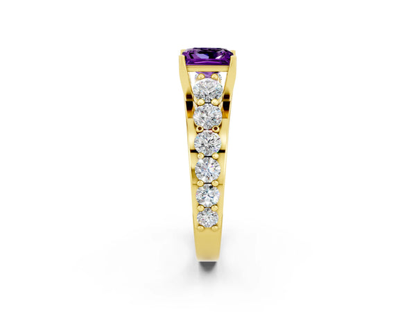 Yellow gold Princess Cut Amethyst Engagement Ring with Pavé Band and Four-Prong Setting