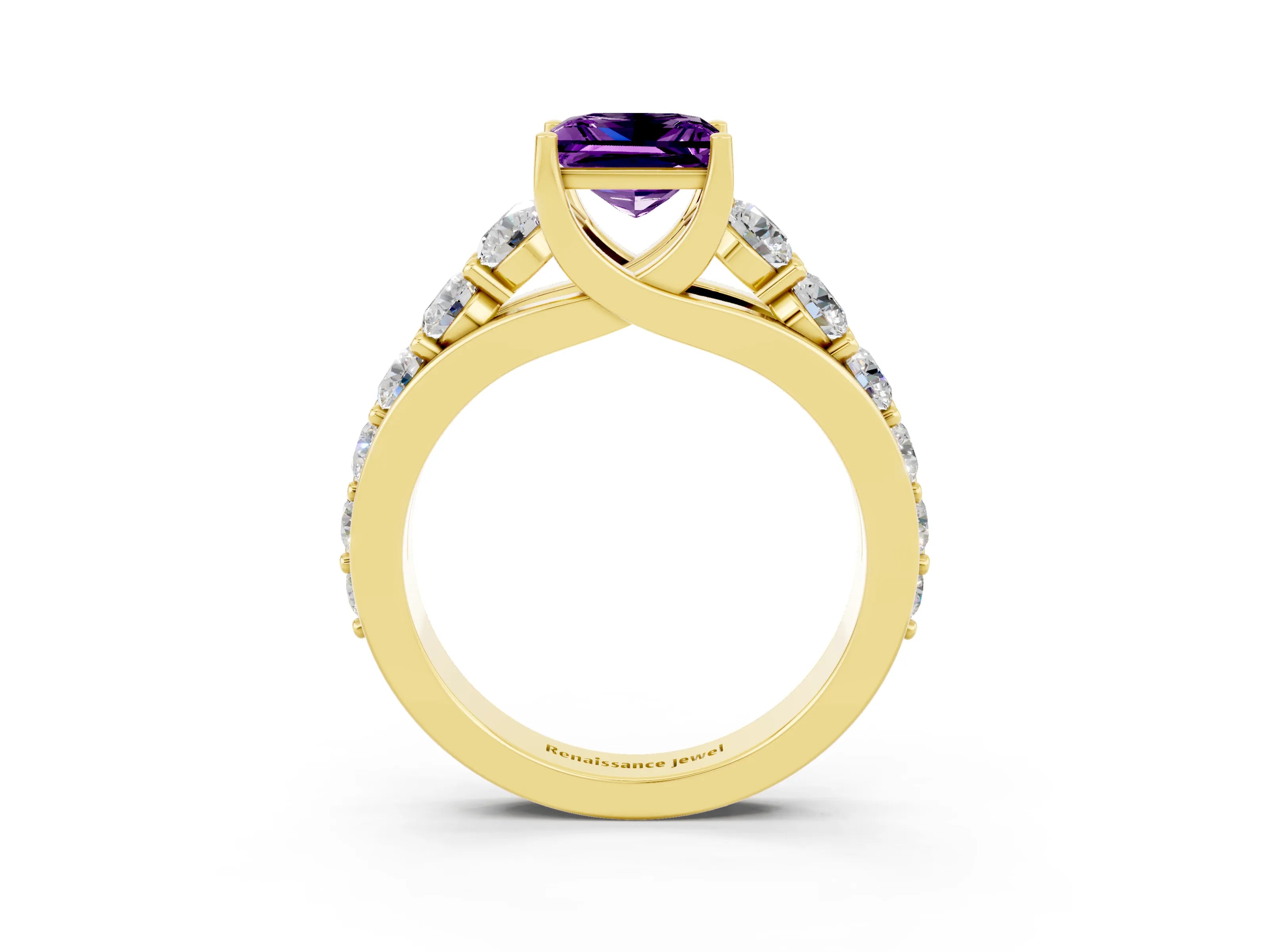 Yellow gold Princess Cut Amethyst Engagement Ring with Pavé Band and Four-Prong Setting_3