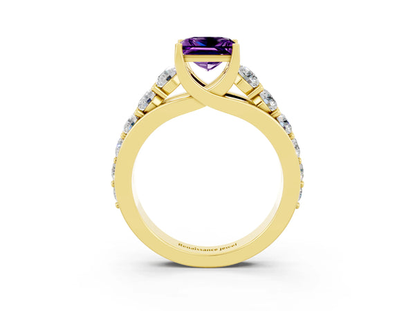 Yellow gold Princess Cut Amethyst Engagement Ring with Pavé Band and Four-Prong Setting