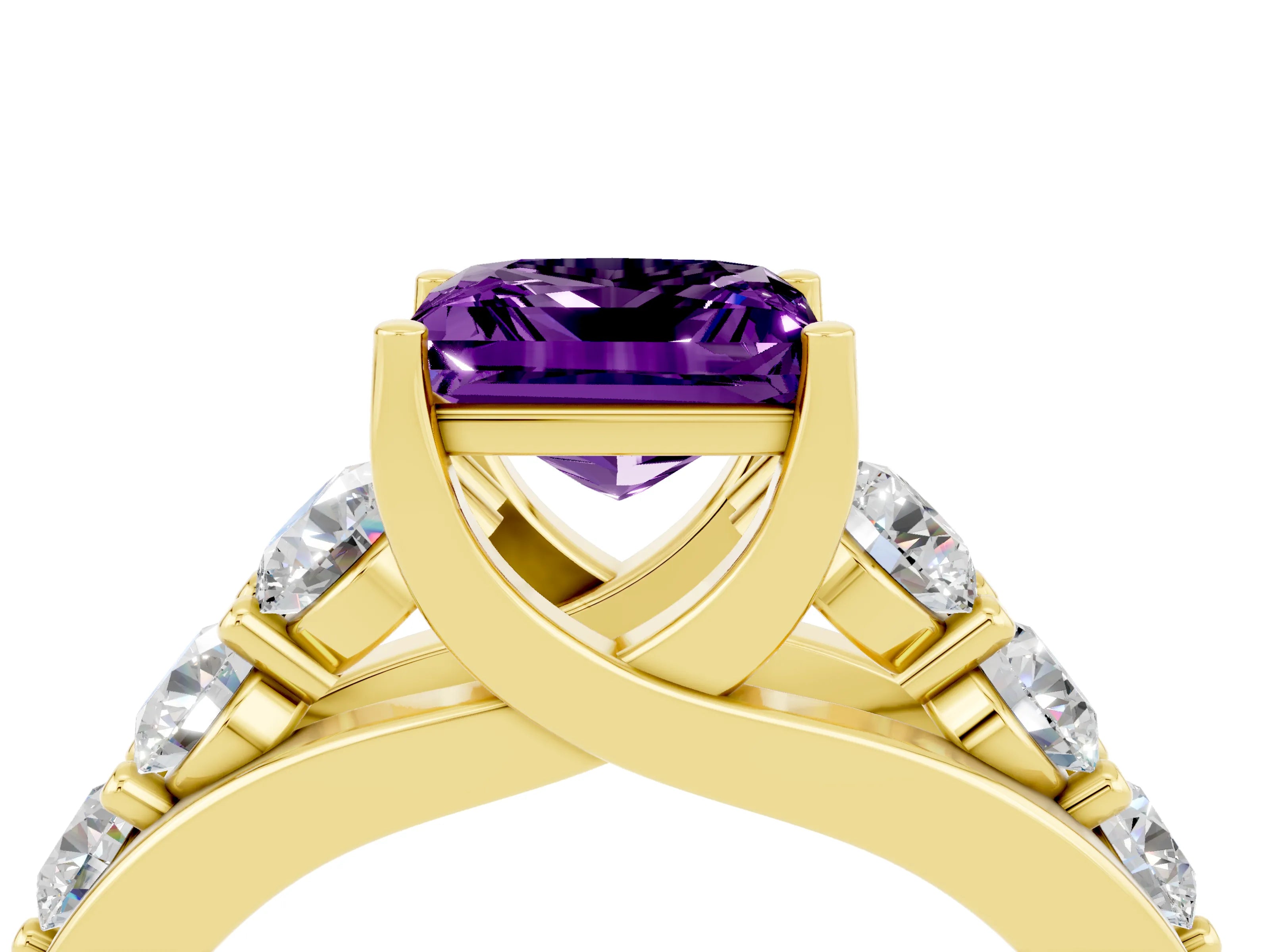 Yellow gold Princess Cut Amethyst Engagement Ring with Pavé Band and Four-Prong Setting_4