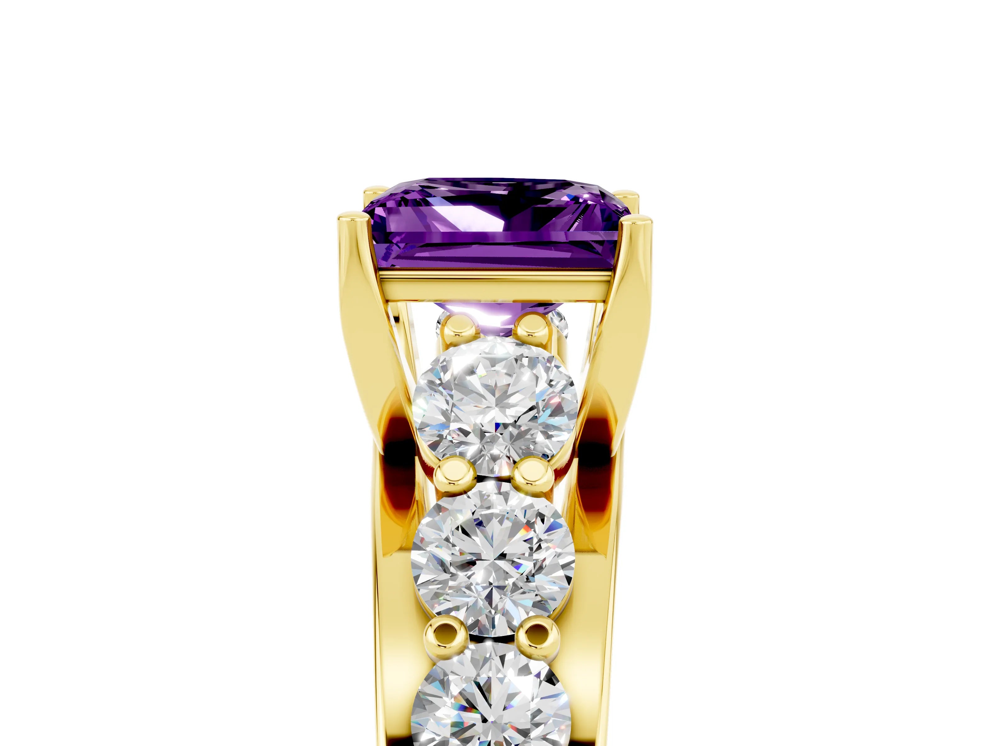 Yellow gold Princess Cut Amethyst Engagement Ring with Pavé Band and Four-Prong Setting_5