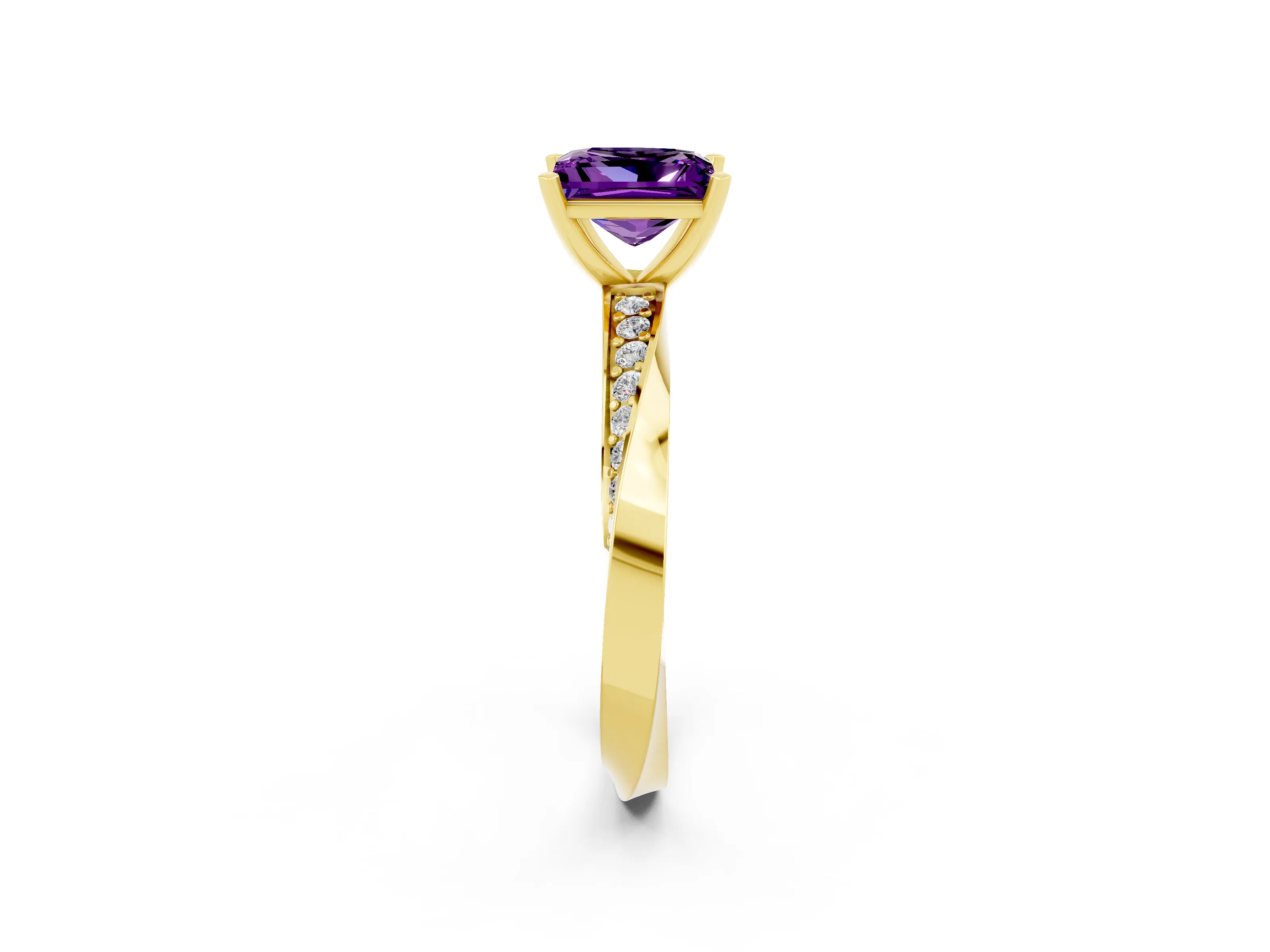 Yellow gold Princess Cut Amethyst Engagement Ring with Side Stone Accents and Four-Prong Setting_41