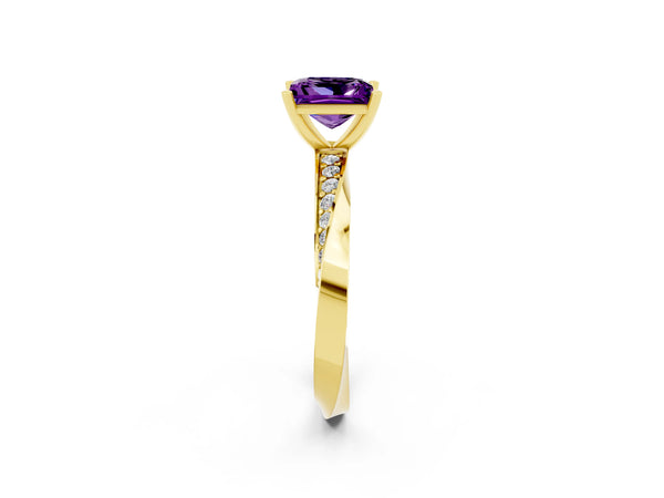 Yellow gold Princess Cut Amethyst Engagement Ring with Side Stone Accents and Four-Prong Setting