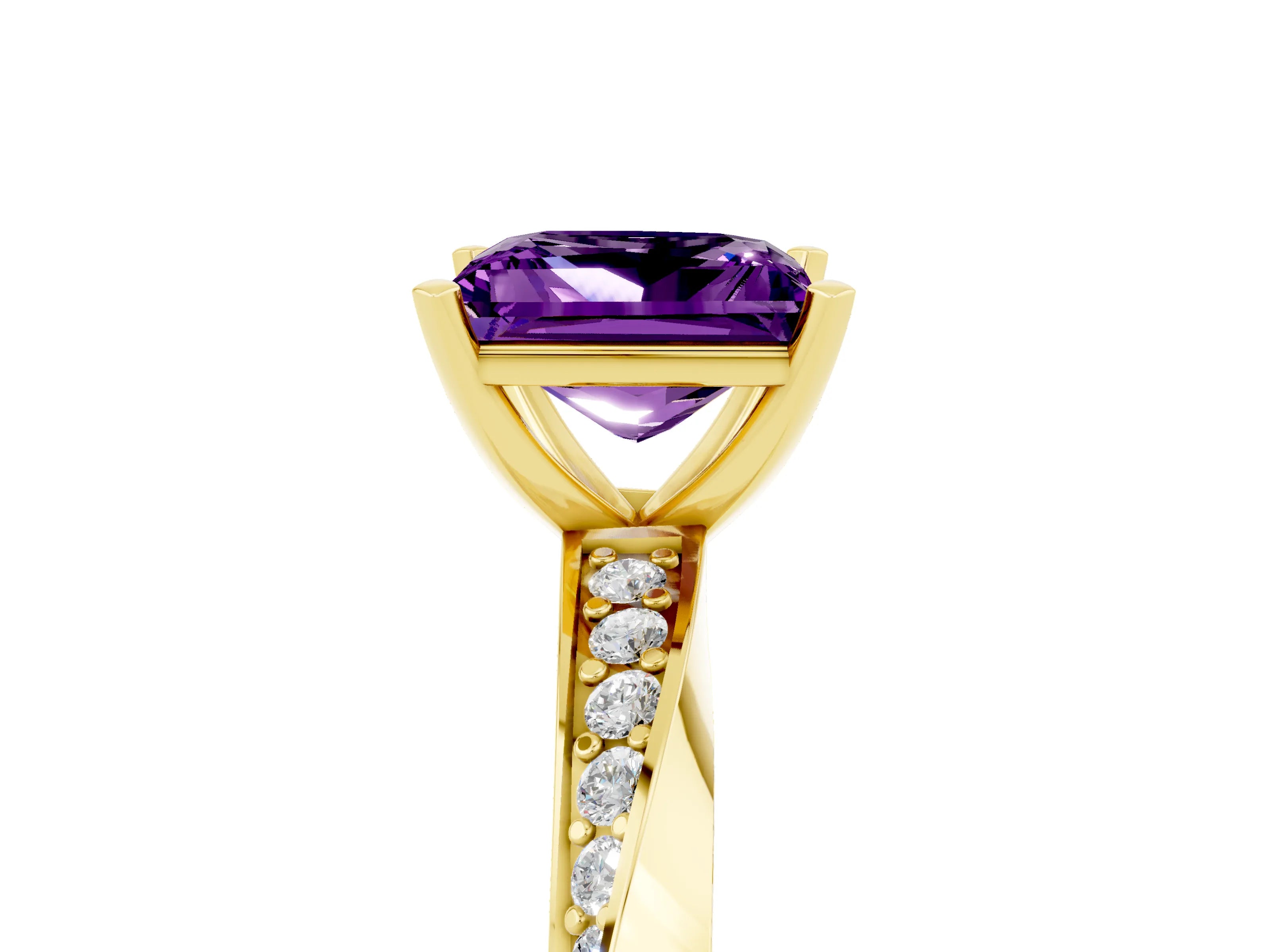 Yellow gold Princess Cut Amethyst Engagement Ring with Side Stone Accents and Four-Prong Setting_44