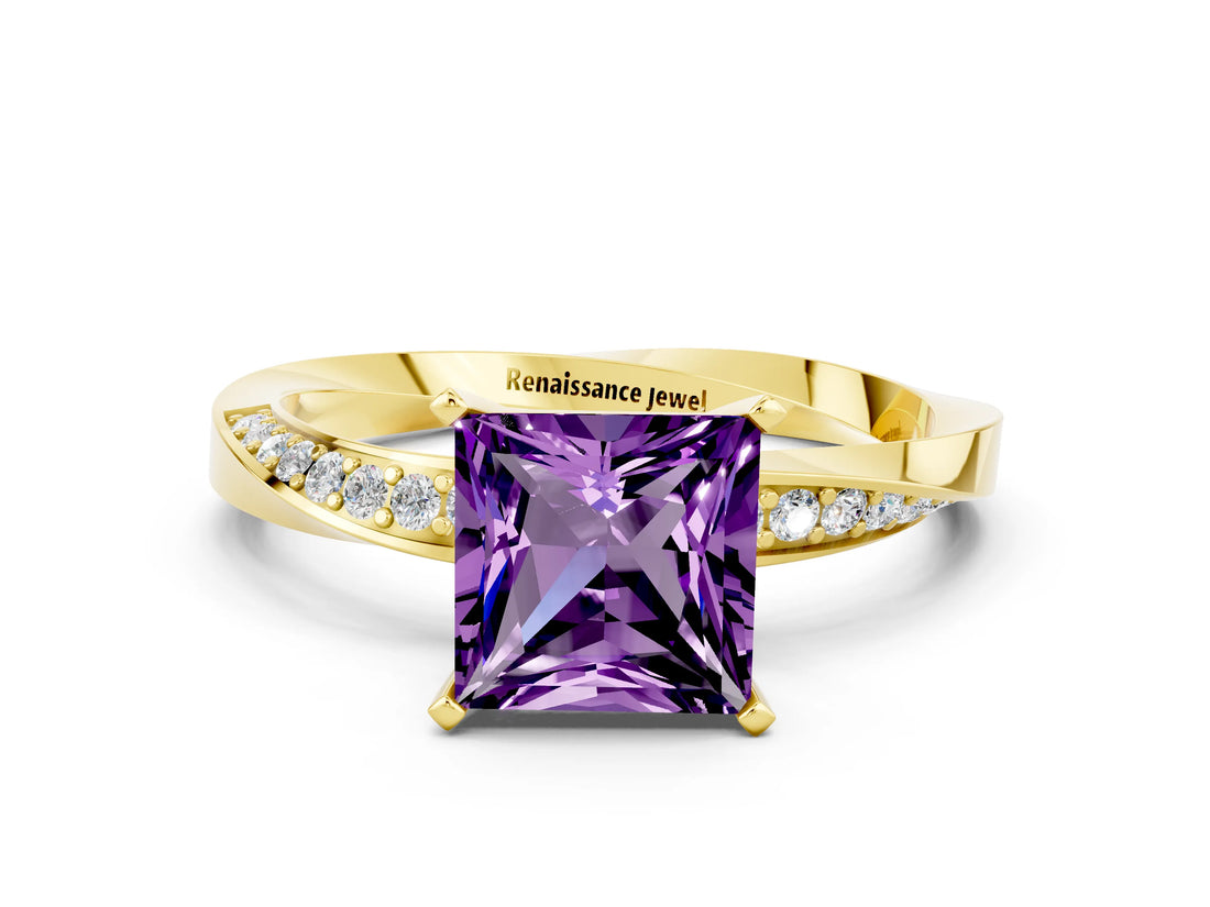 Yellow gold Princess Cut Amethyst Engagement Ring with Side Stone Accents and Four-Prong Setting_60