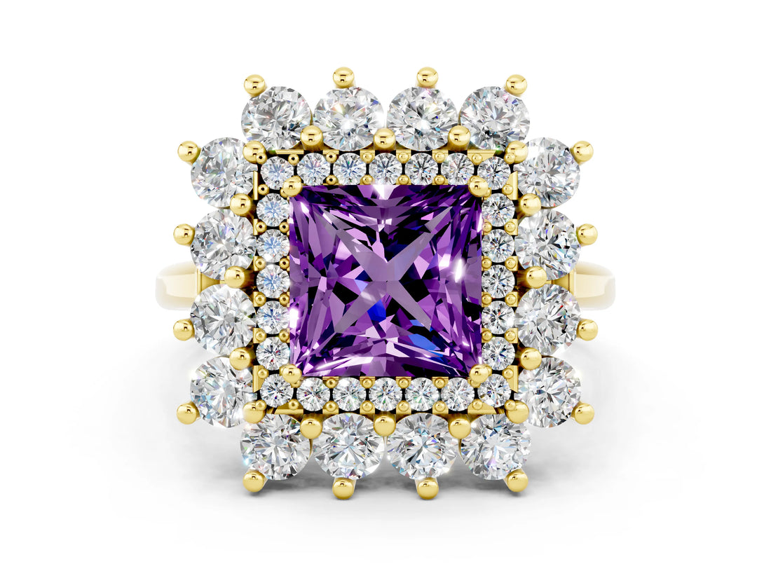 Yellow gold Princess Cut Amethyst Floral Double Halo Engagement Ring with Prong Setting_60