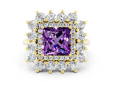 Yellow gold Princess Cut Amethyst Floral Double Halo Engagement Ring with Prong Setting_60
