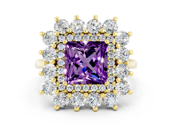 Yellow gold Princess Cut Amethyst Floral Double Halo Engagement Ring with Prong Setting
