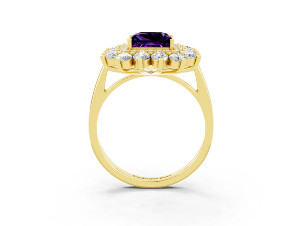 Yellow gold Princess Cut Amethyst Floral Double Halo Engagement Ring with Prong Setting