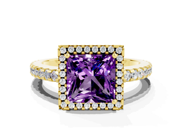 Yellow gold Princess Cut Amethyst Halo Engagement Ring with Pavé Band and Prong Setting