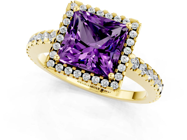 Yellow gold Princess Cut Amethyst Halo Engagement Ring with Pavé Band and Prong Setting