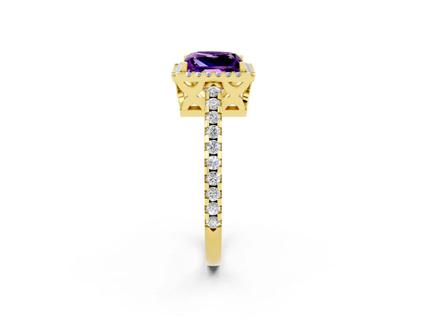 Yellow gold Princess Cut Amethyst Halo Engagement Ring with Pavé Band and Prong Setting