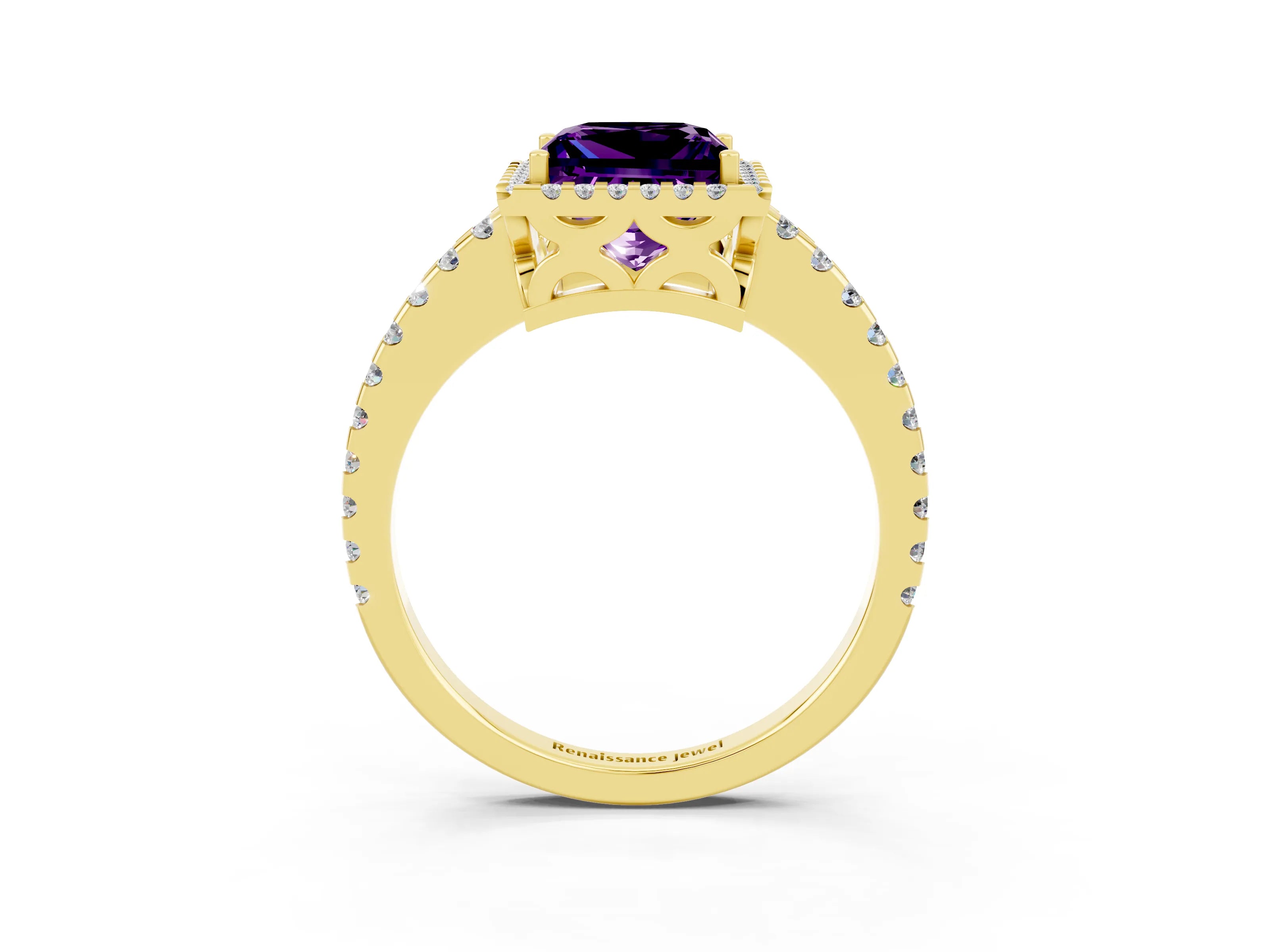 Yellow gold Princess Cut Amethyst Halo Engagement Ring with Pavé Band and Prong Setting_15