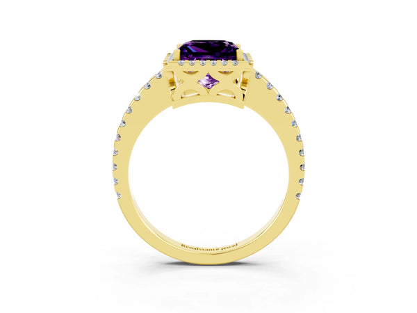 Yellow gold Princess Cut Amethyst Halo Engagement Ring with Pavé Band and Prong Setting