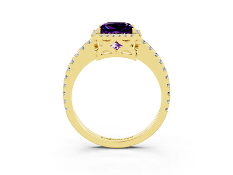 Yellow gold Princess Cut Amethyst Halo Engagement Ring with Pavé Band and Prong Setting_15