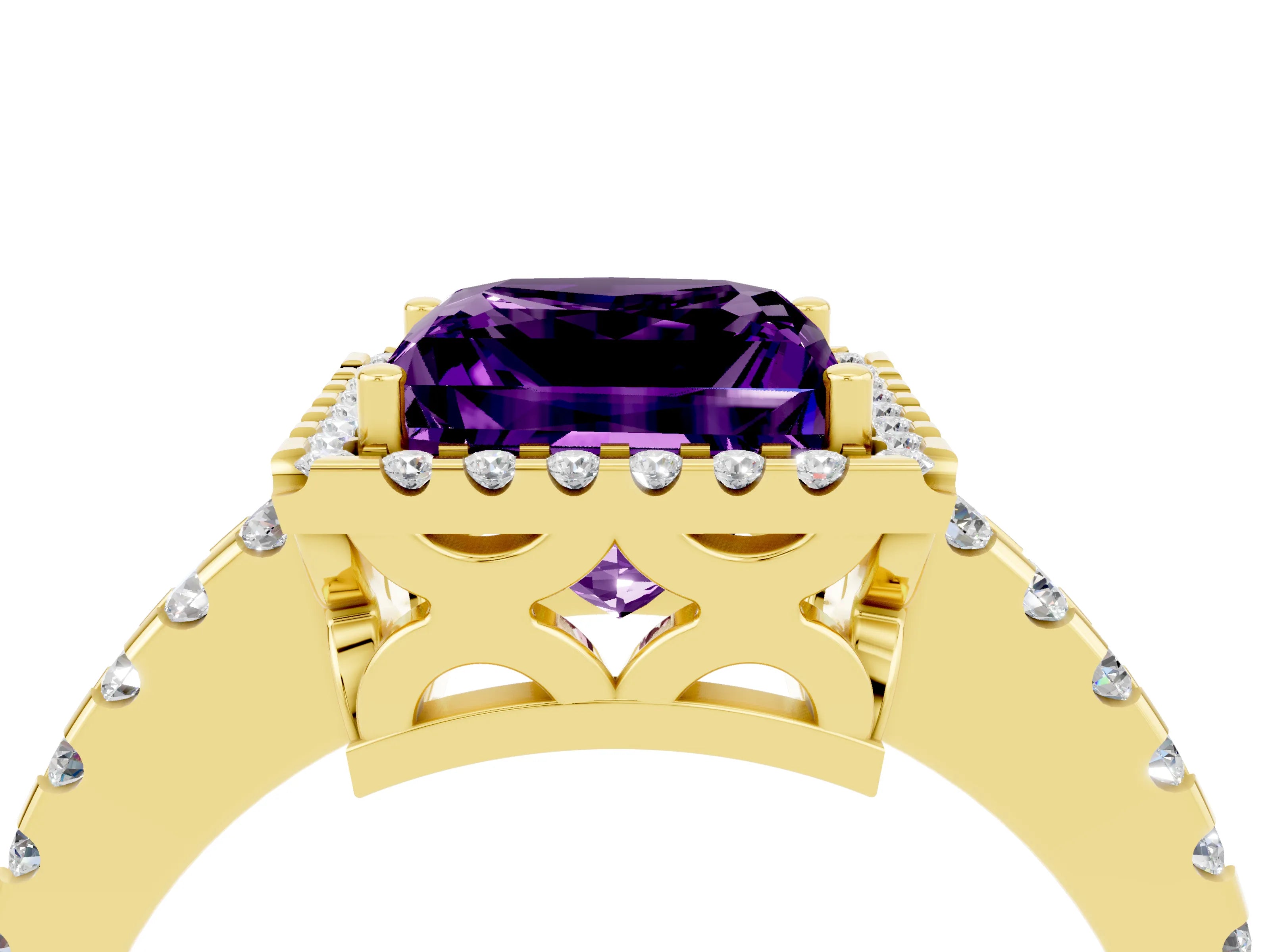 Yellow gold Princess Cut Amethyst Halo Engagement Ring with Pavé Band and Prong Setting_16