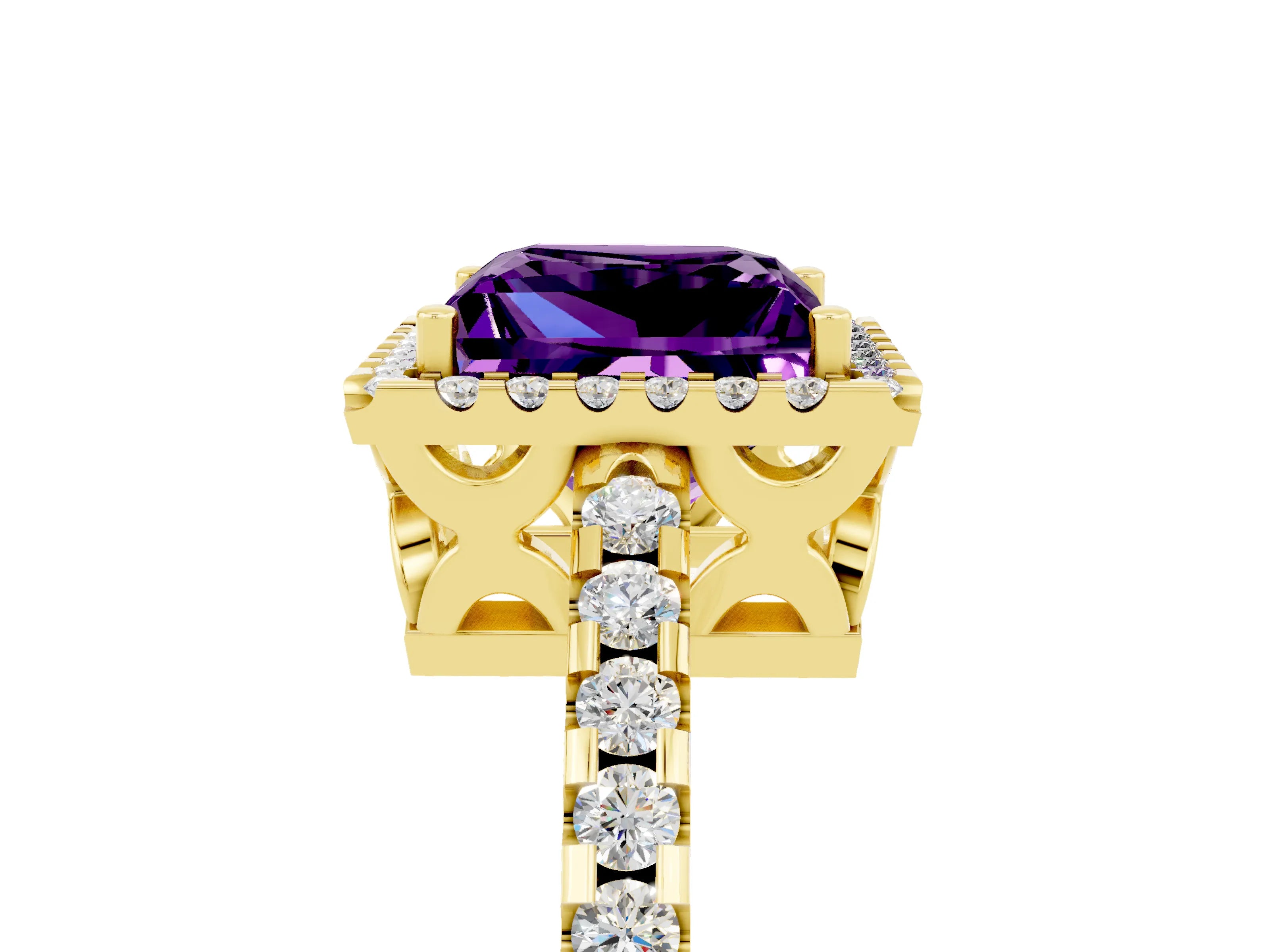 Yellow gold Princess Cut Amethyst Halo Engagement Ring with Pavé Band and Prong Setting_17