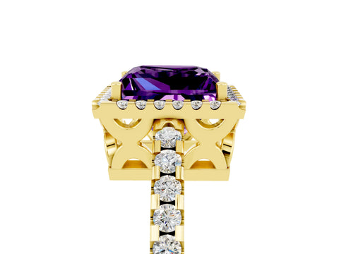 Yellow gold Princess Cut Amethyst Halo Engagement Ring with Pavé Band and Prong Setting_17